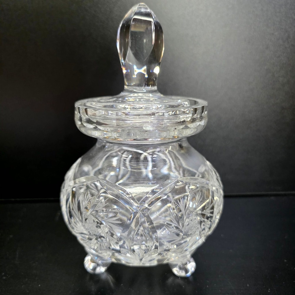 Cut Glass Crystal Honey Jar Pot Small Clear Footed Notched Lid Vintage Style